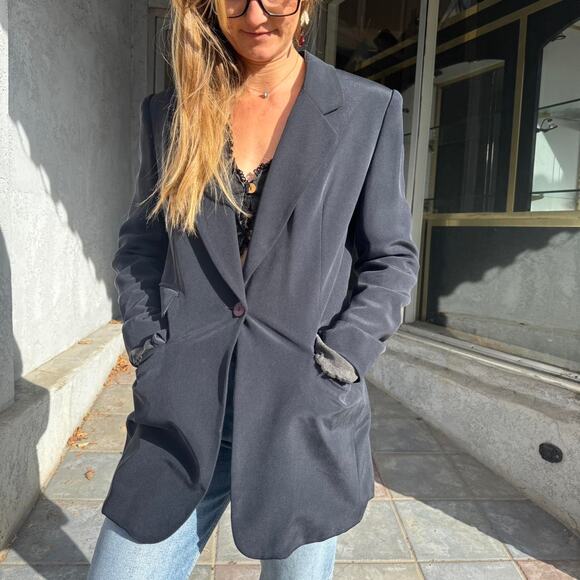 90s Jones New York 100% Silk Blazer 6 | Midnight Blue Minimalist Power Jacket - Picture 3 of 8